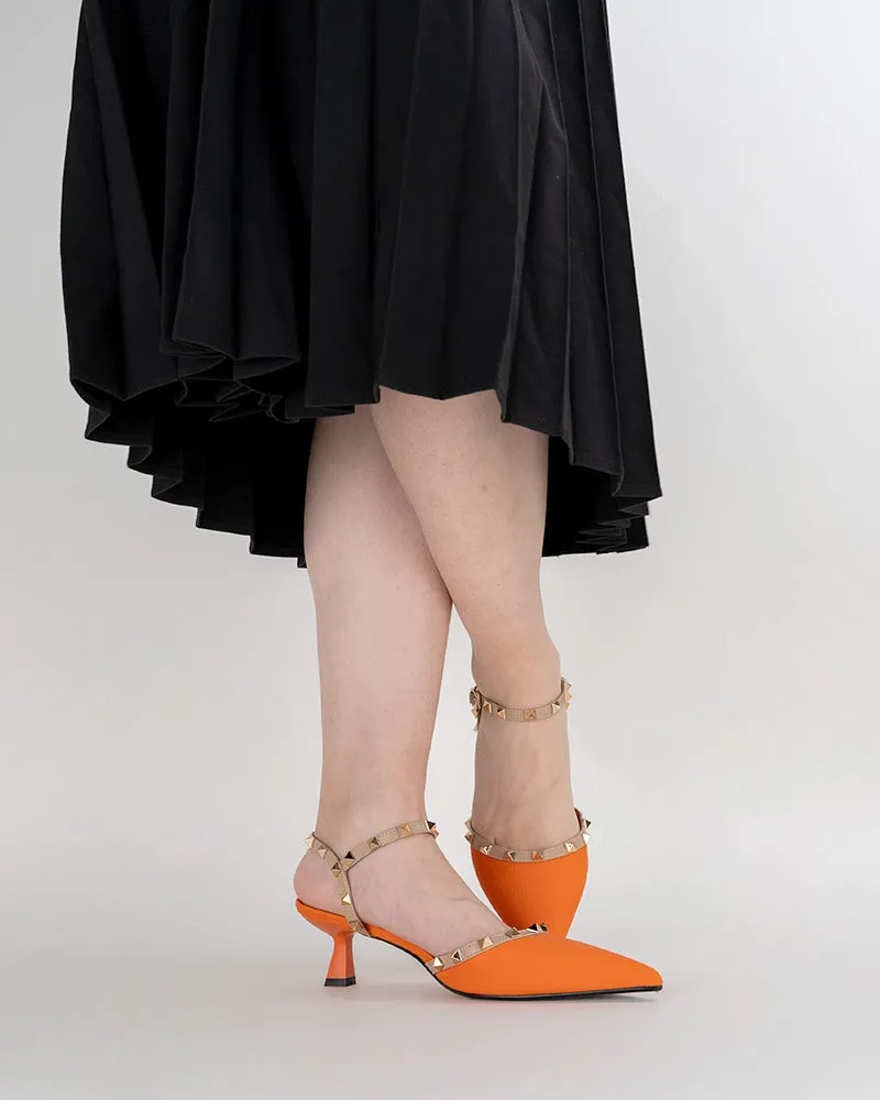 (Clean Up) Lychee Pattern Rivet Decor Ankle Strap Slingback Sandals