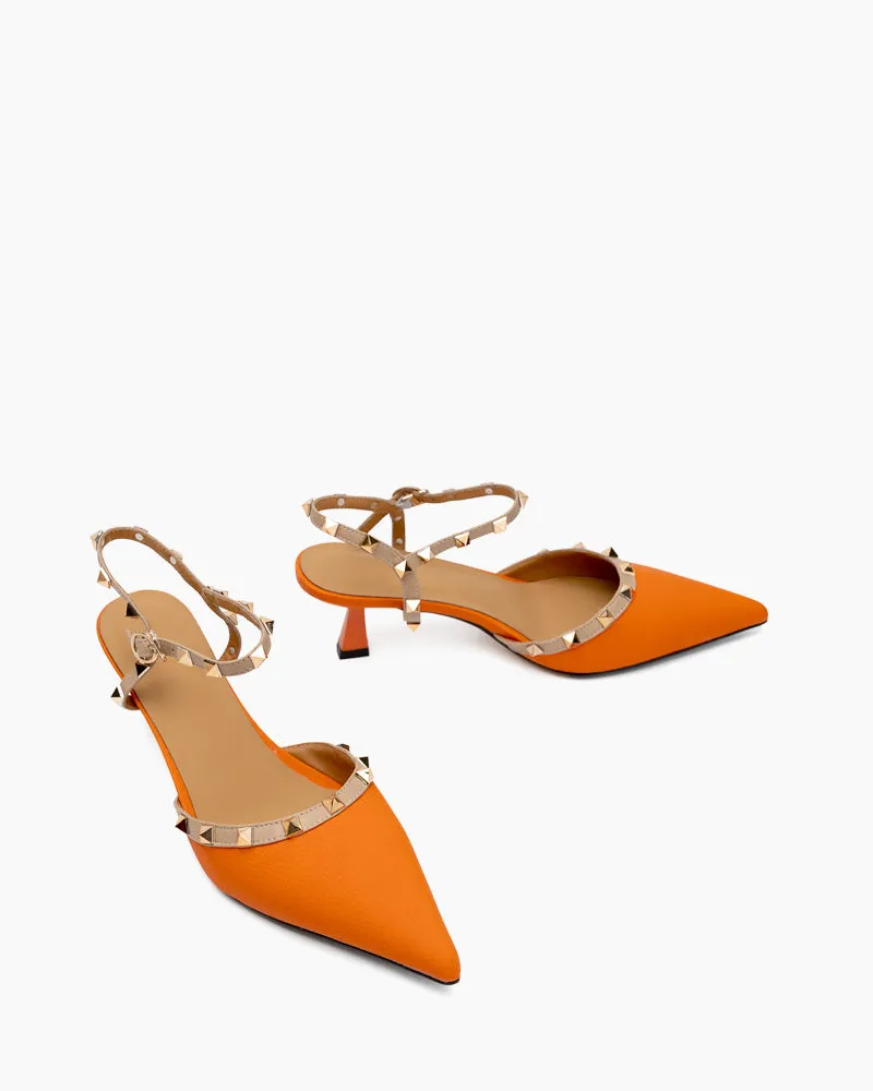 (Clean Up) Lychee Pattern Rivet Decor Ankle Strap Slingback Sandals