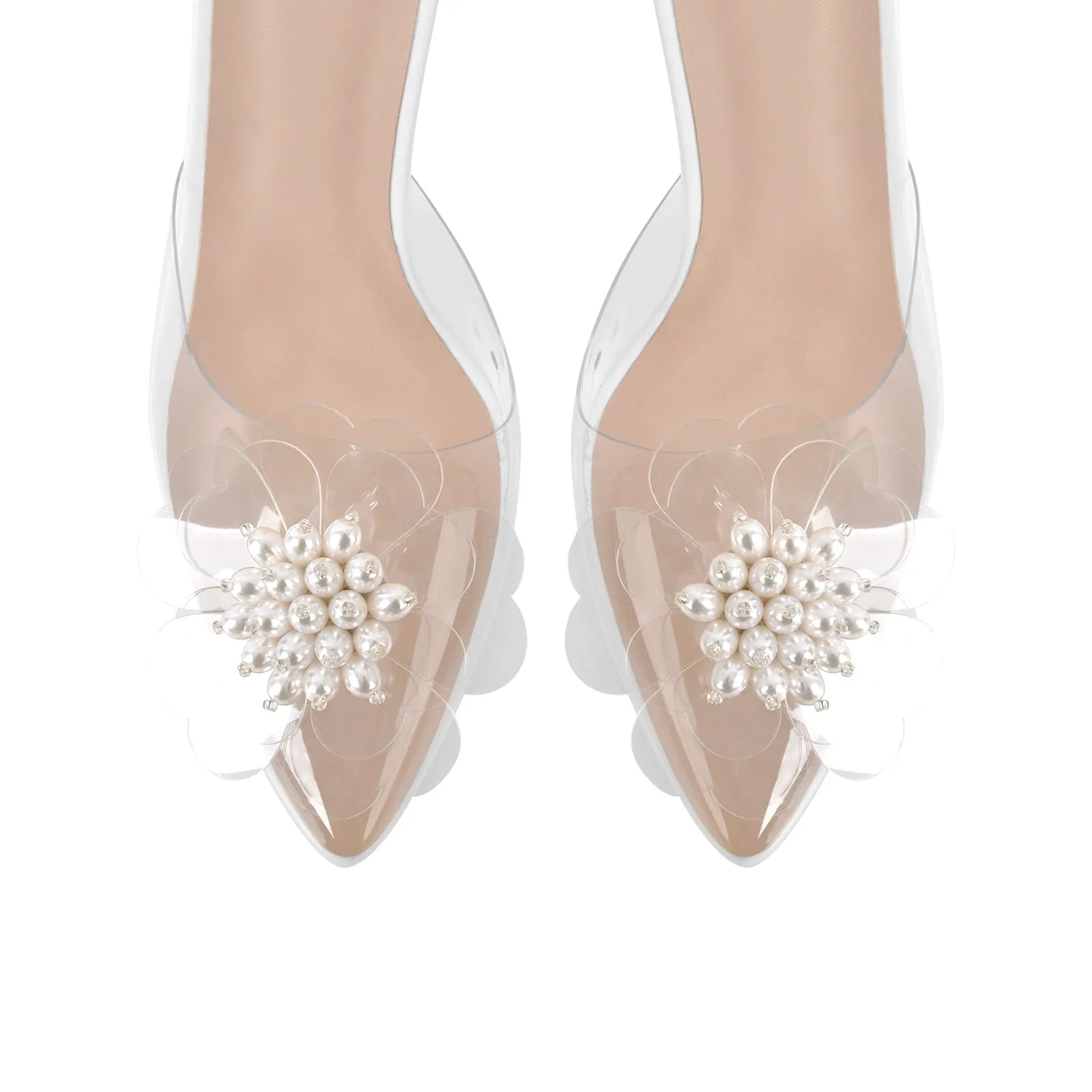 Clear Pointed Toe Pearl Flower Lace-up High Heels