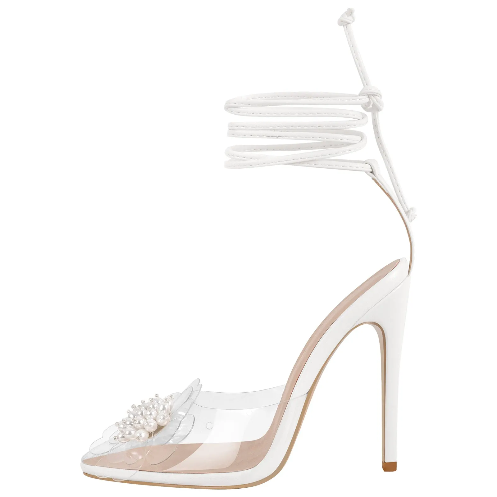 Clear Pointed Toe Pearl Flower Lace-up High Heels