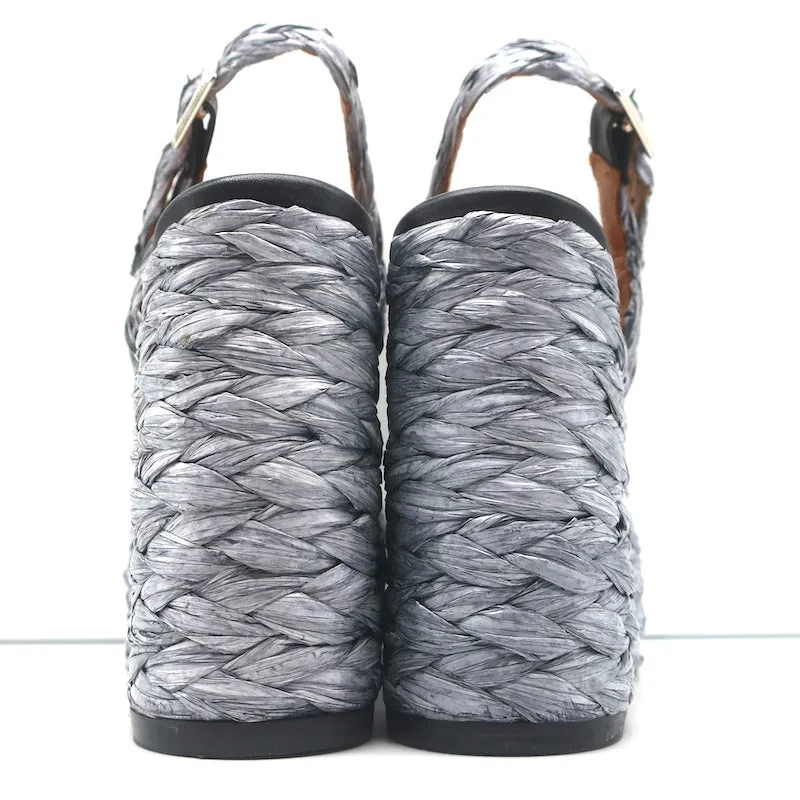 Clergerie Raffia Platform Wedge Sandals Ally Silver Size 36 Slingback Heels NEW