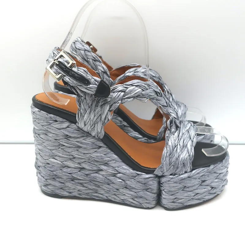Clergerie Raffia Platform Wedge Sandals Ally Silver Size 36 Slingback Heels NEW