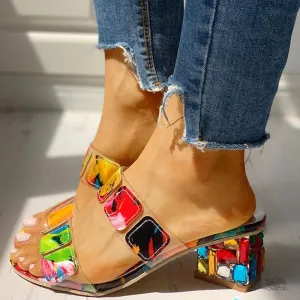Colorful Geo Applique Chunky Heeled Sandals