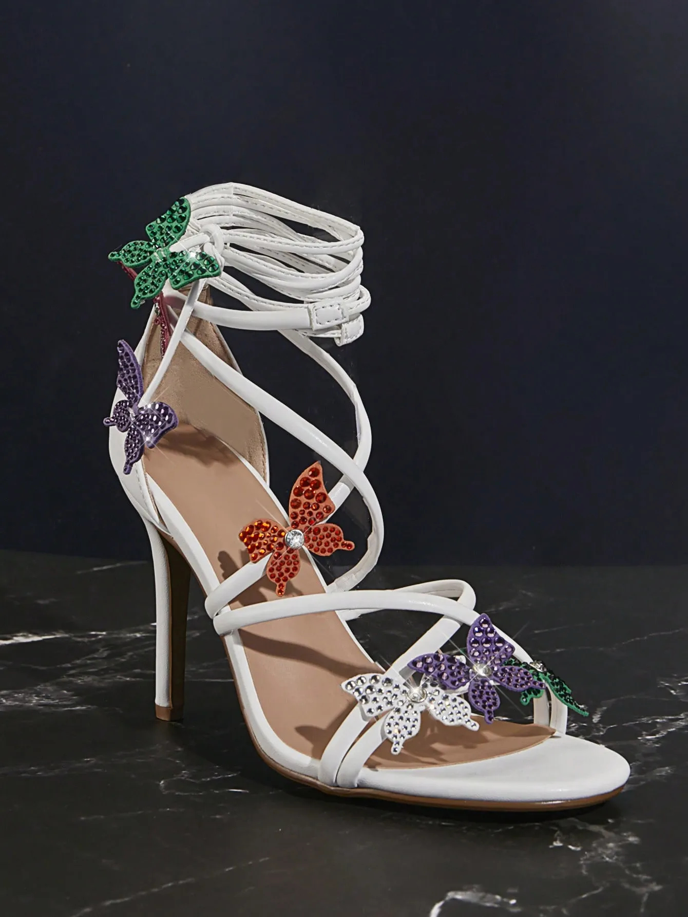 Colorful Rhinestone Butterflies Lace-Up Heeled Sandals