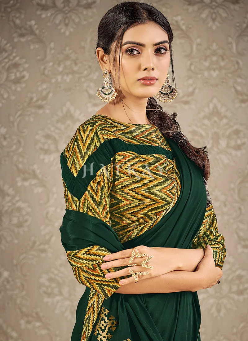 Dark Green Chevron Digital Printed Satin Silk Saree