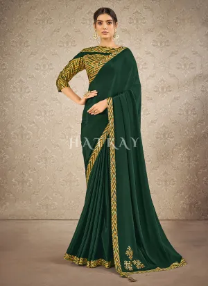 Dark Green Chevron Digital Printed Satin Silk Saree