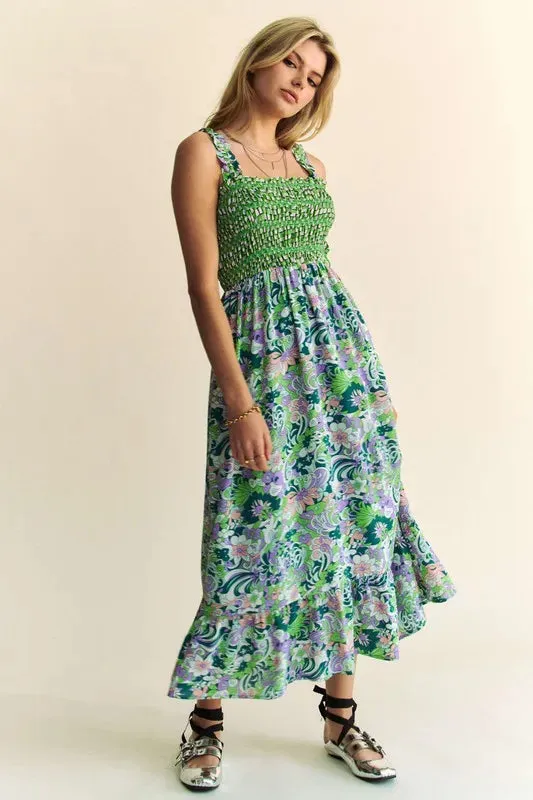 Davi & Dani Multi Smocked Bodice Geo Ruffle Strappy Midi Dress