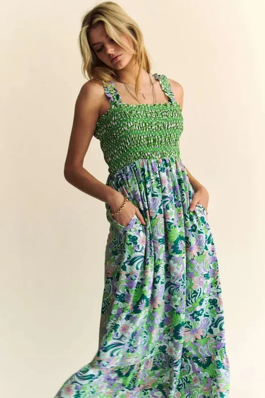 Davi & Dani Multi Smocked Bodice Geo Ruffle Strappy Midi Dress