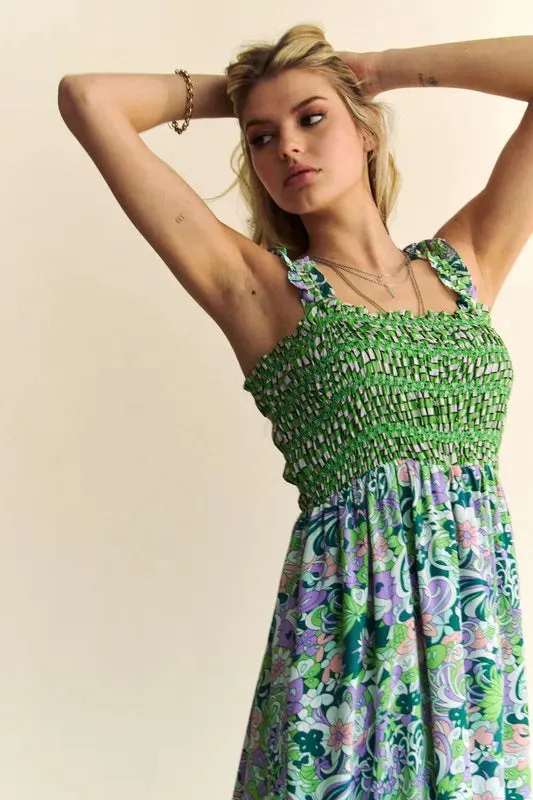 Davi & Dani Multi Smocked Bodice Geo Ruffle Strappy Midi Dress