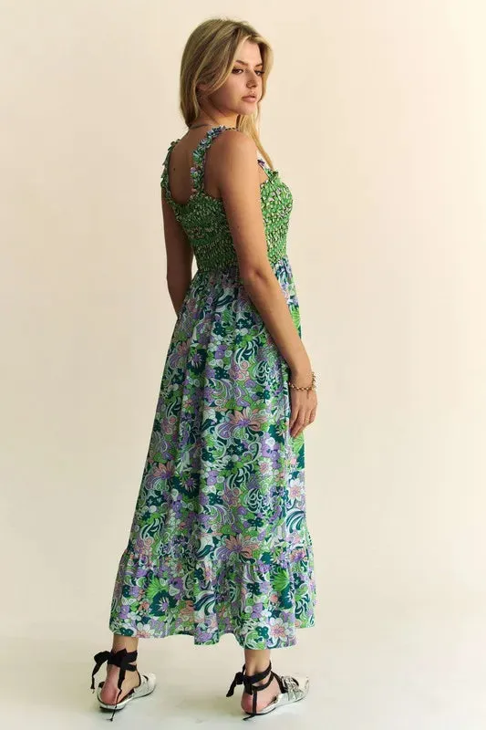 Davi & Dani Multi Smocked Bodice Geo Ruffle Strappy Midi Dress