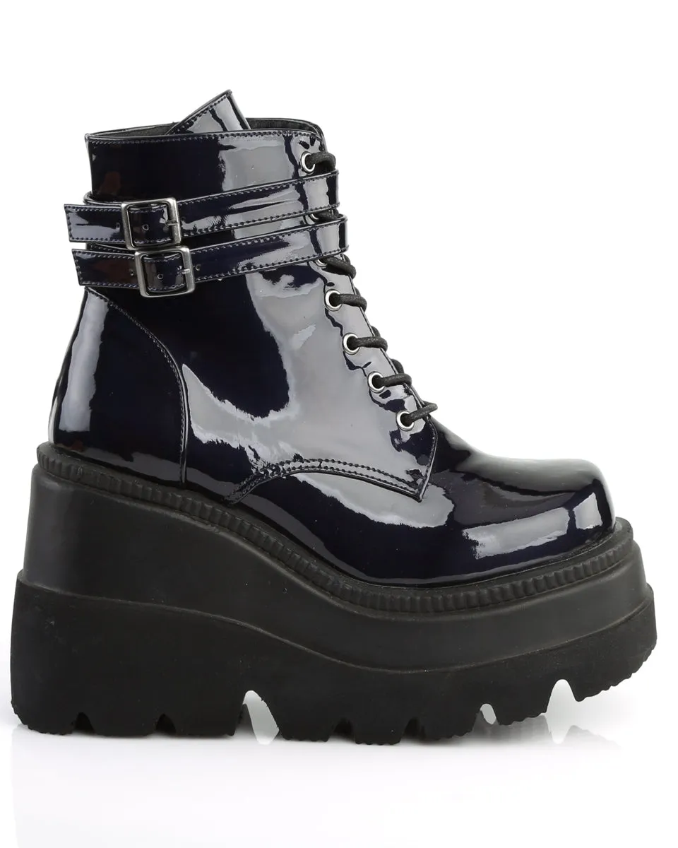Demonia Holographic Black Stacked Platform Ankle Boots