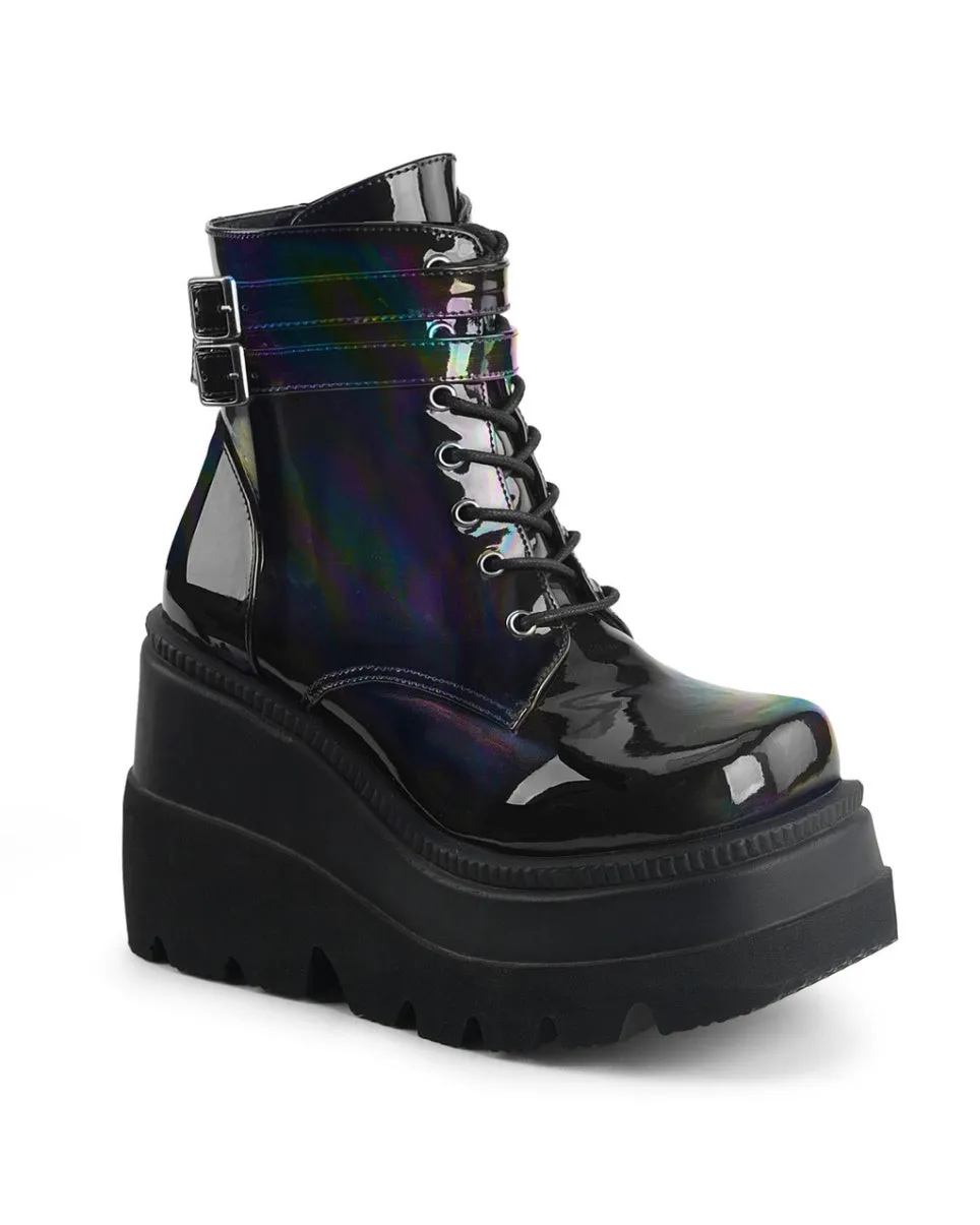 Demonia Holographic Black Stacked Platform Ankle Boots