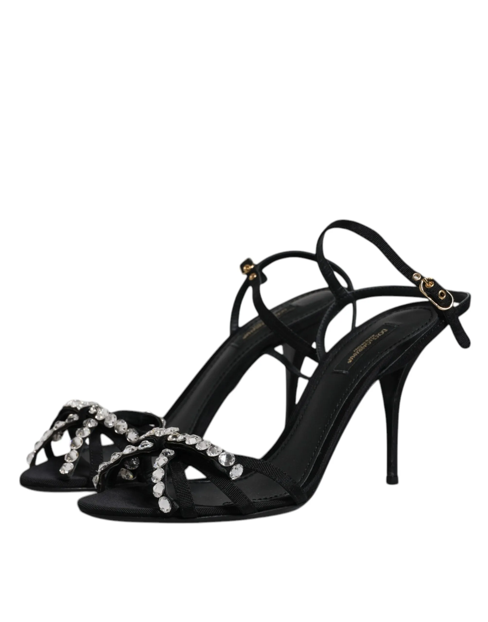 Dolce&Gabbana Women Black Sandals Leather Crystals Strappy High Heel Shoes EU 39