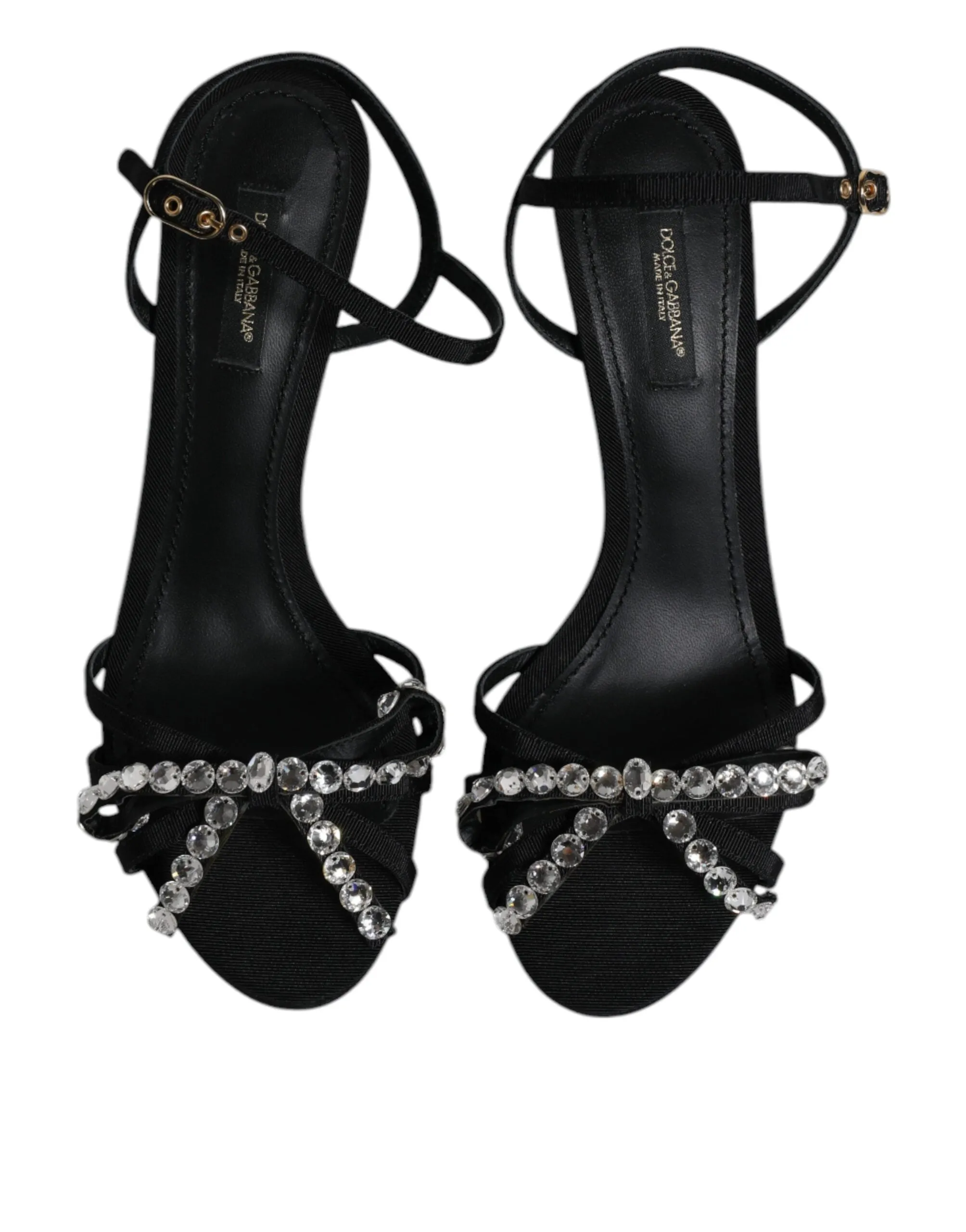 Dolce&Gabbana Women Black Sandals Leather Crystals Strappy High Heel Shoes EU 39