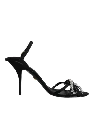 Dolce&Gabbana Women Black Sandals Leather Crystals Strappy High Heel Shoes EU 39