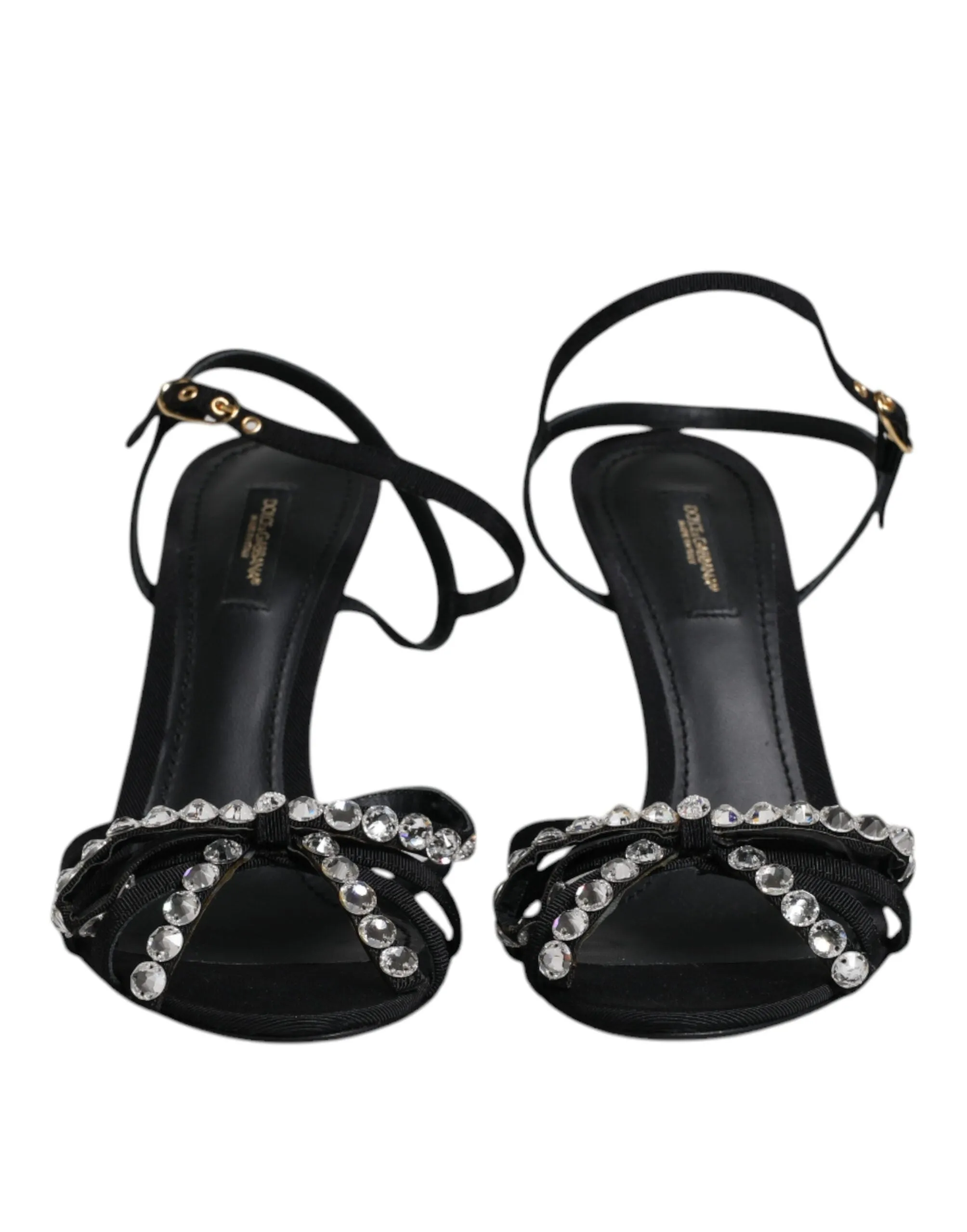 Dolce&Gabbana Women Black Sandals Leather Crystals Strappy High Heel Shoes EU 39
