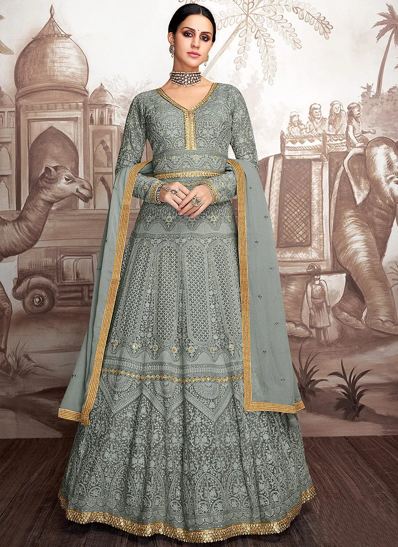 Dusky Grey Multi Embroidered Designer Anarkali Suit
