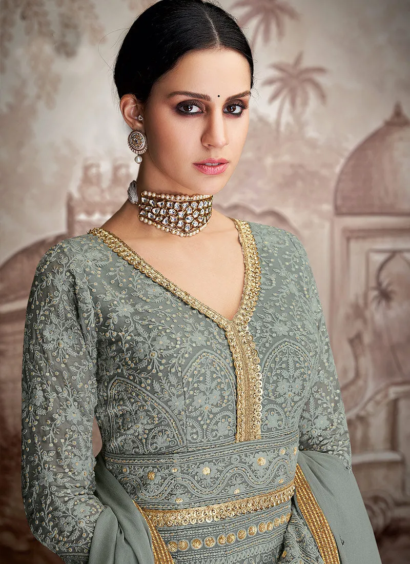 Dusky Grey Multi Embroidered Designer Anarkali Suit
