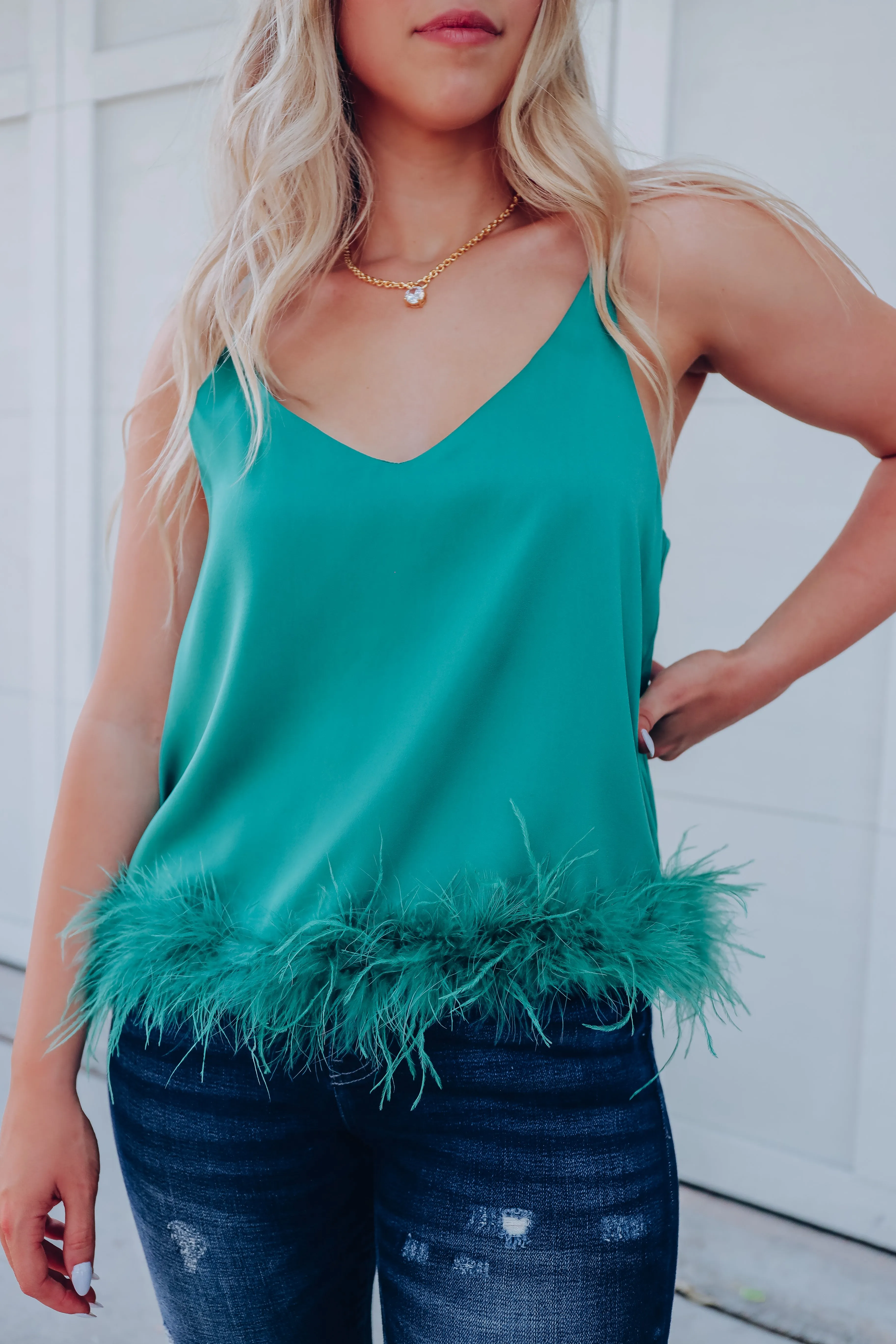 Expensive Taste Feather Trim Cami Top - Green