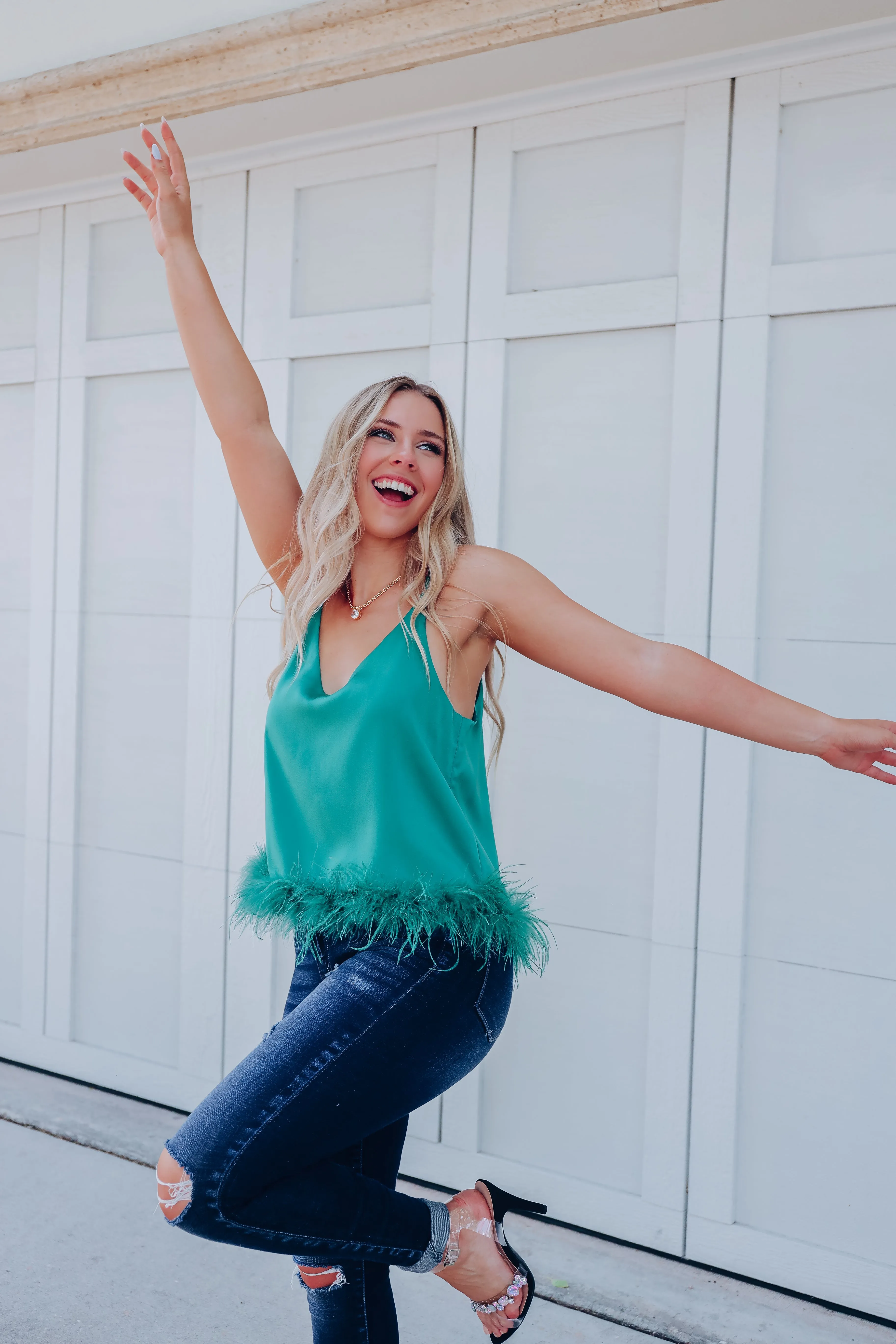 Expensive Taste Feather Trim Cami Top - Green