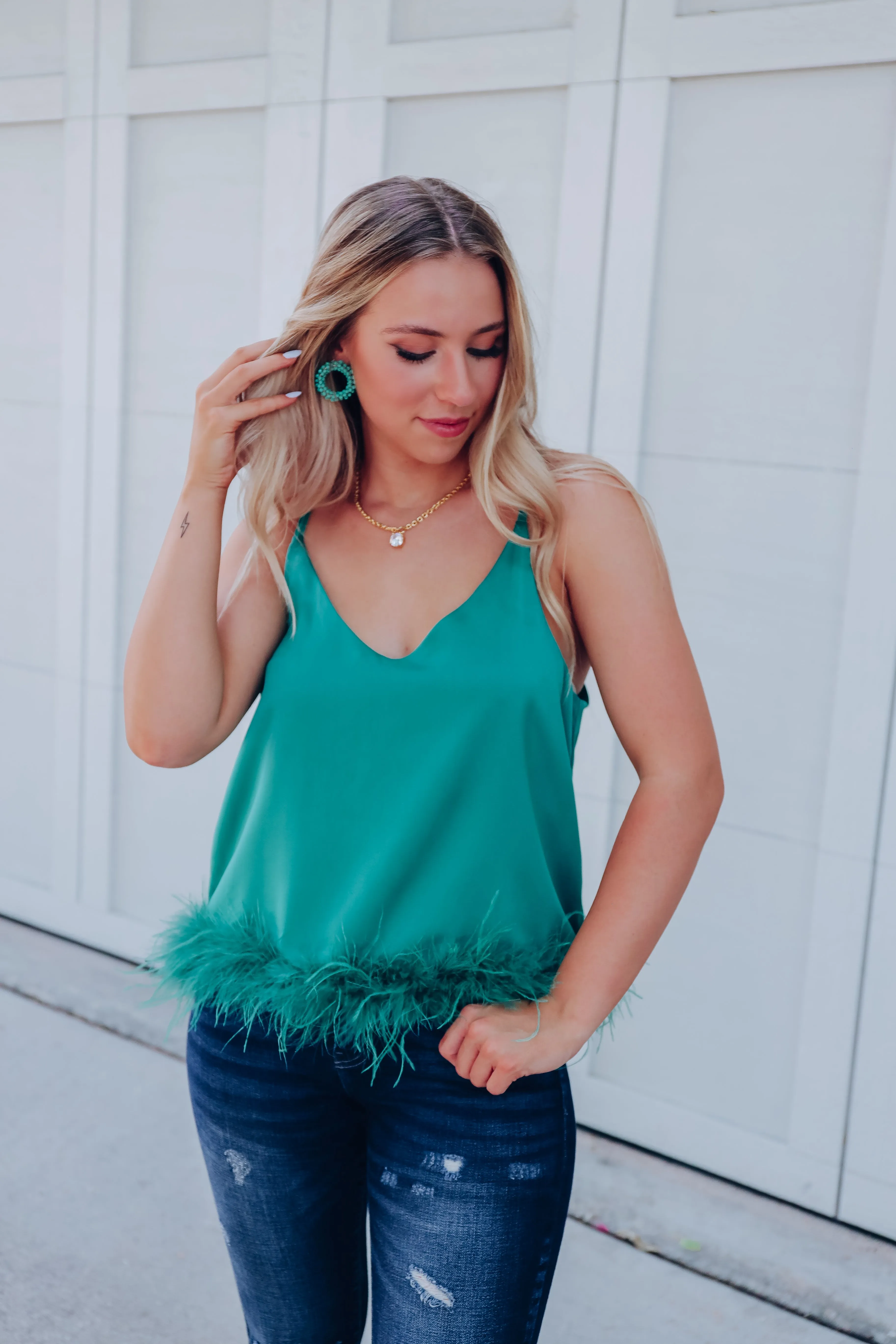 Expensive Taste Feather Trim Cami Top - Green