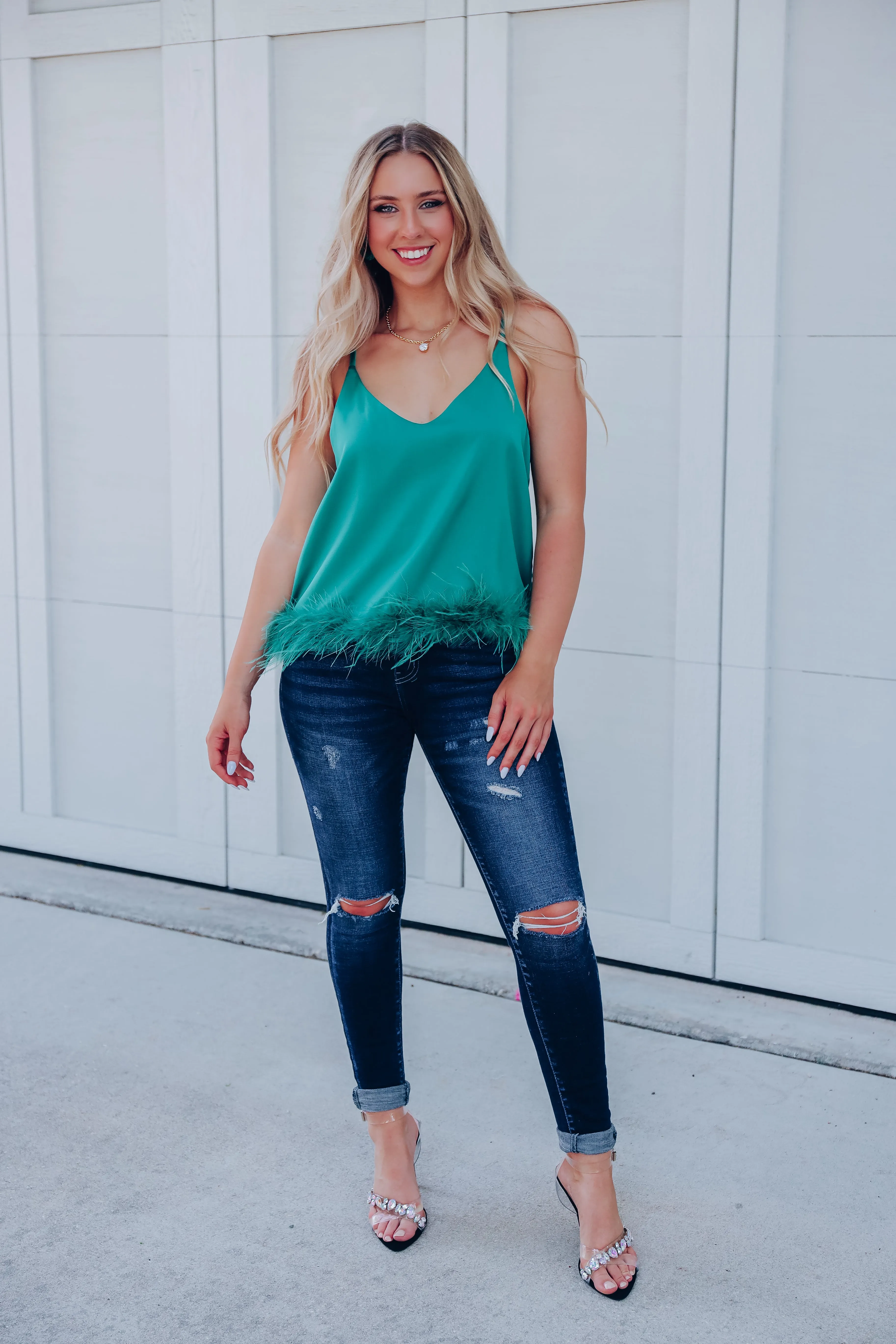 Expensive Taste Feather Trim Cami Top - Green