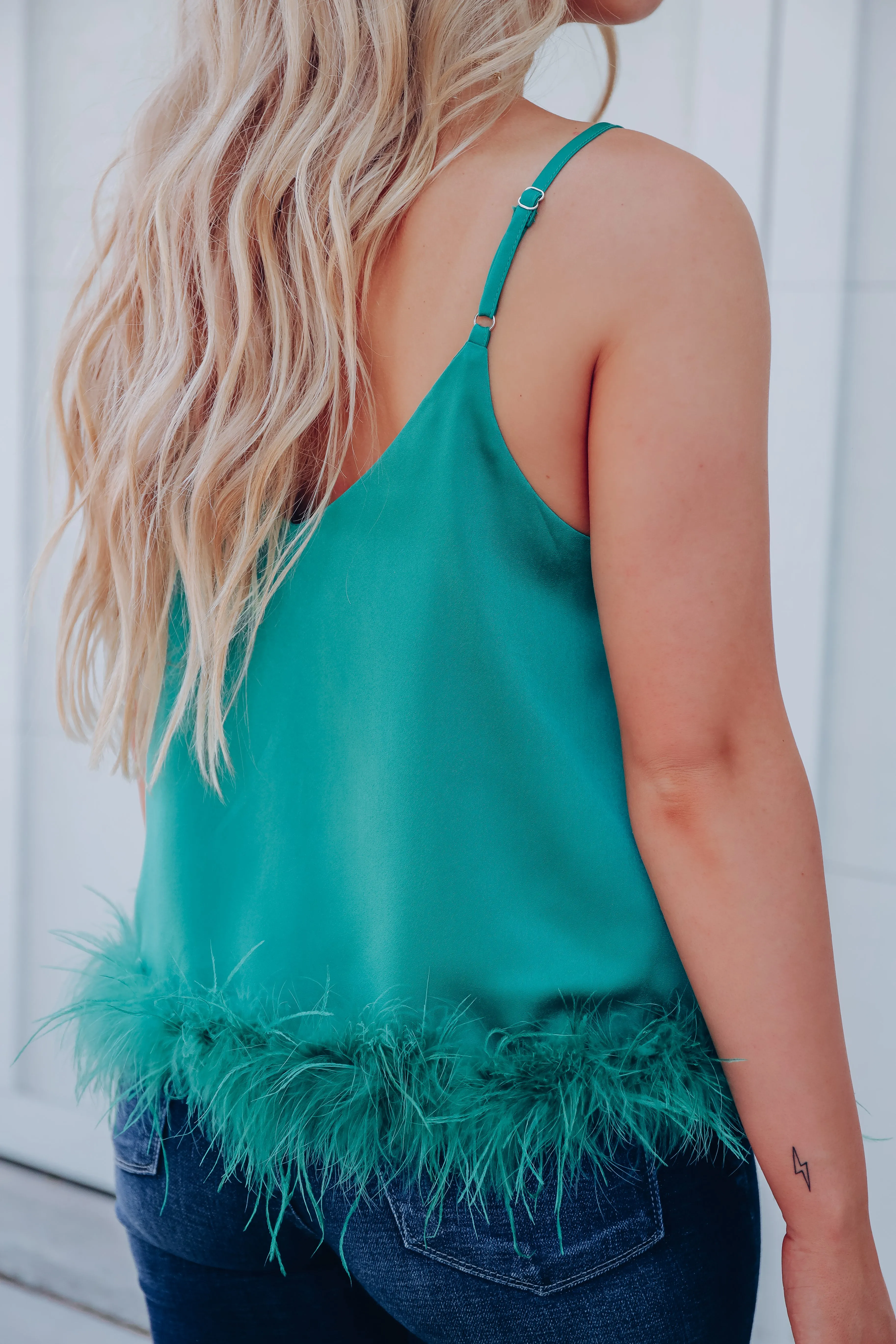 Expensive Taste Feather Trim Cami Top - Green