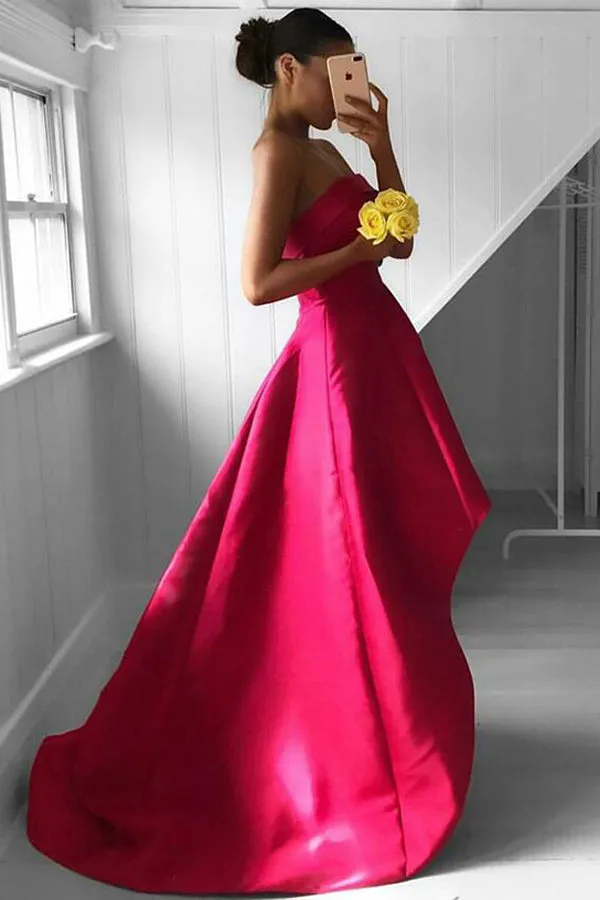 Fabulous Strapless High Low Fuchsia Pleated Prom Dress LPD062