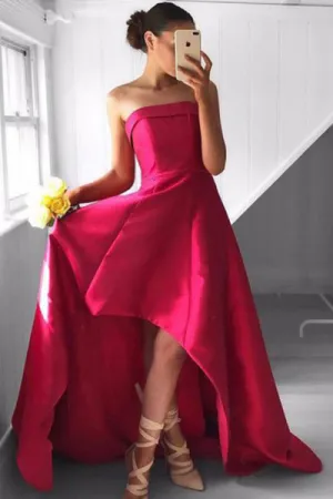 Fabulous Strapless High Low Fuchsia Pleated Prom Dress LPD062