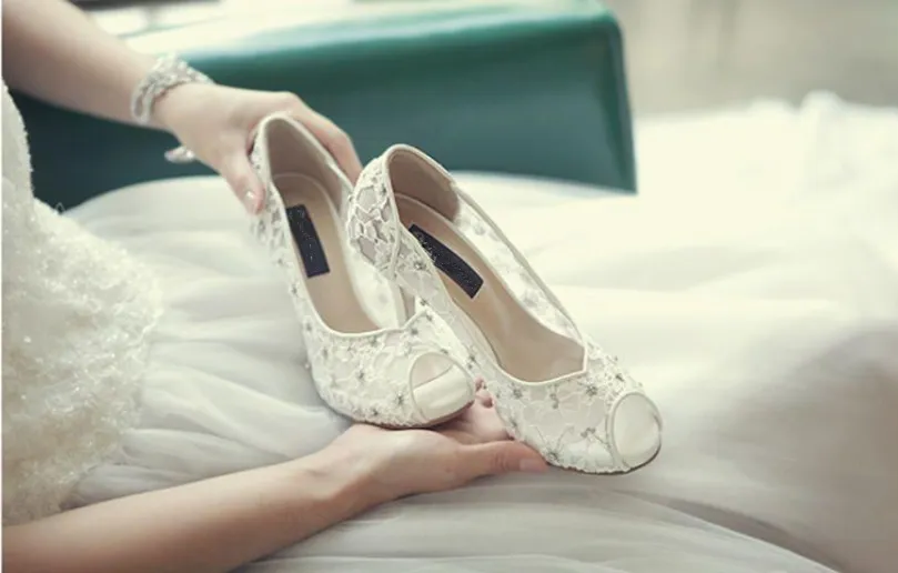 Fashion Fish Toe Ivory Lace High Heels Wedding Bridal Shoes, SY0103
