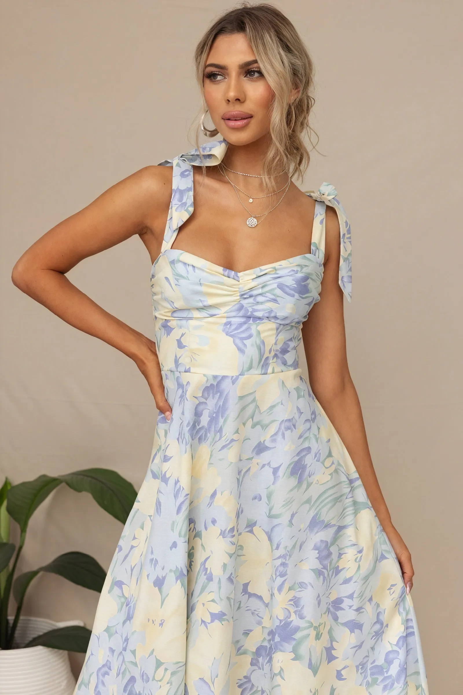 Floral Midi Dress with Tie Shoulder Straps