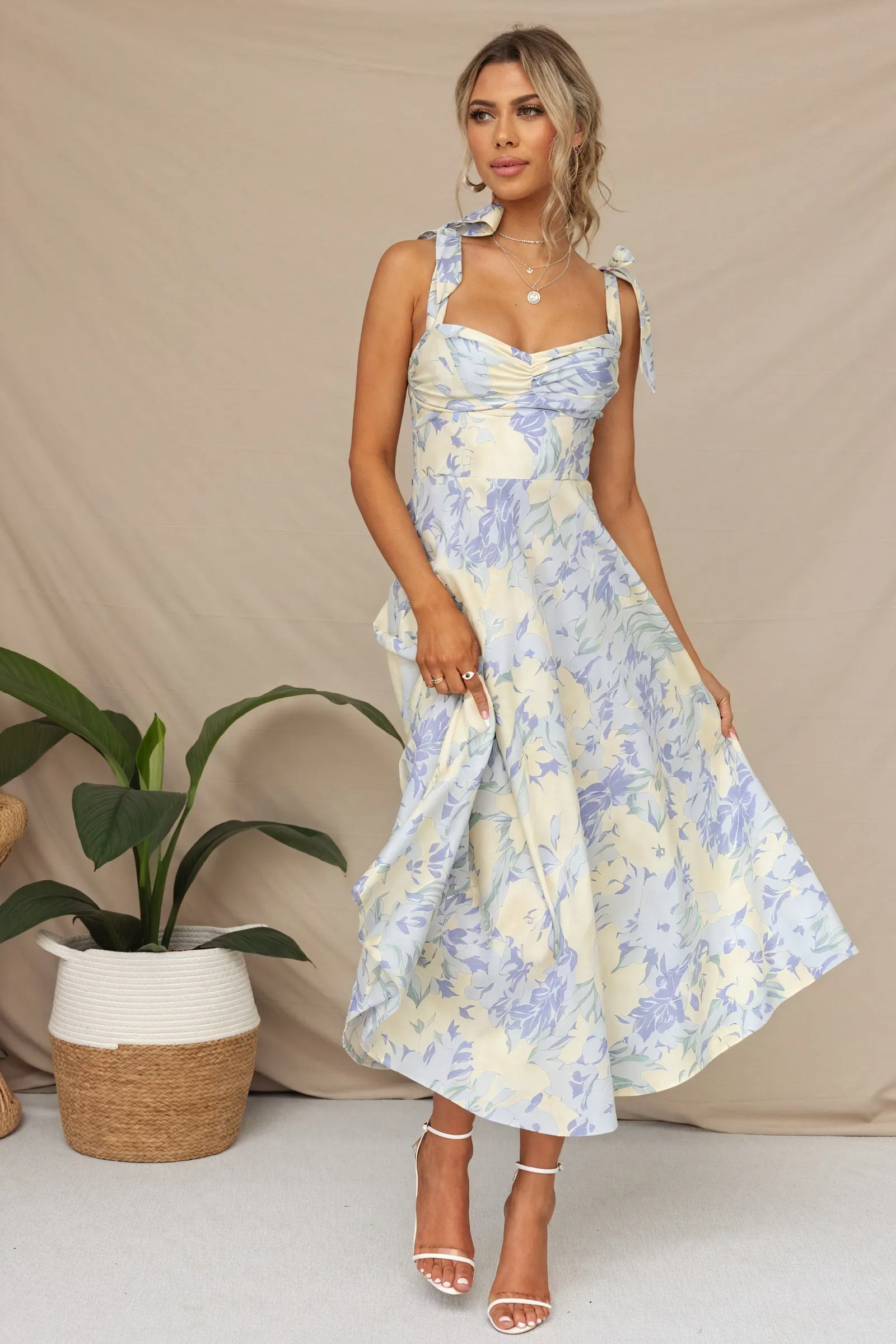 Floral Midi Dress with Tie Shoulder Straps