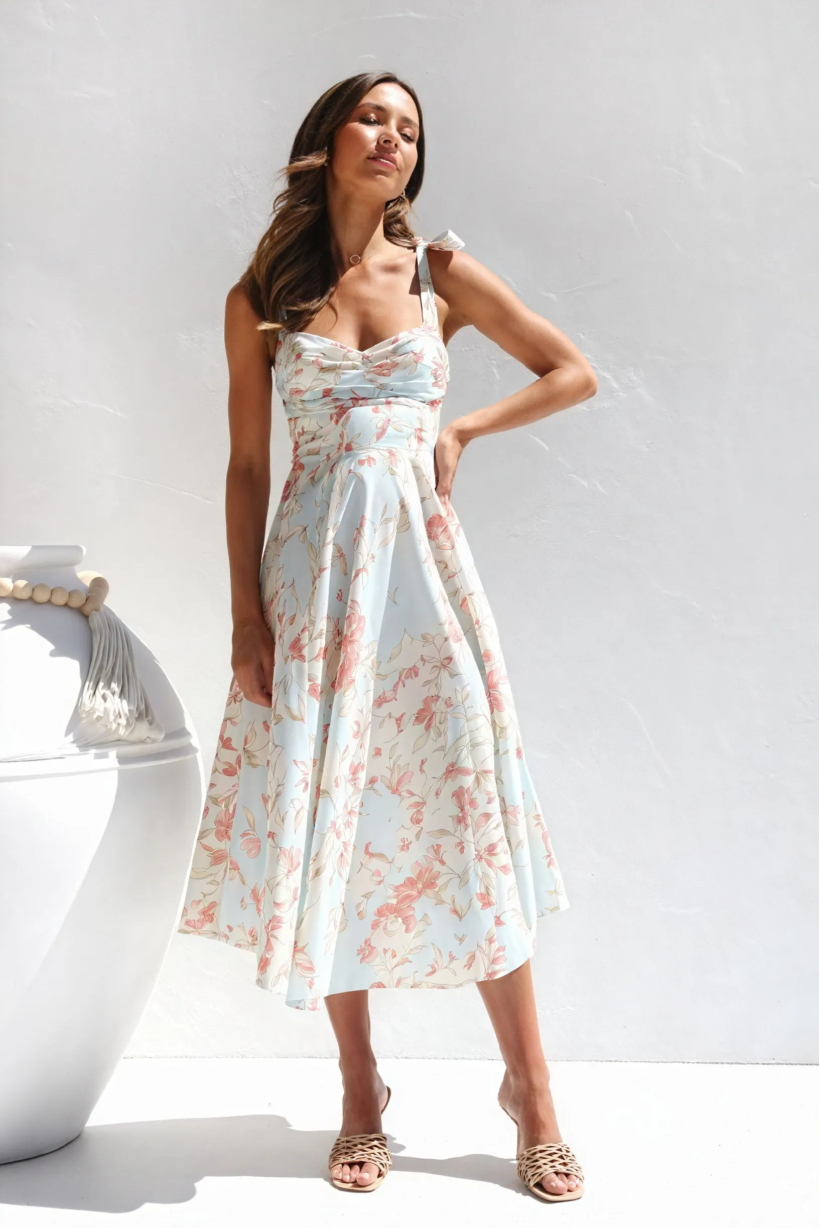 Floral Midi Dress with Tie Shoulder Straps