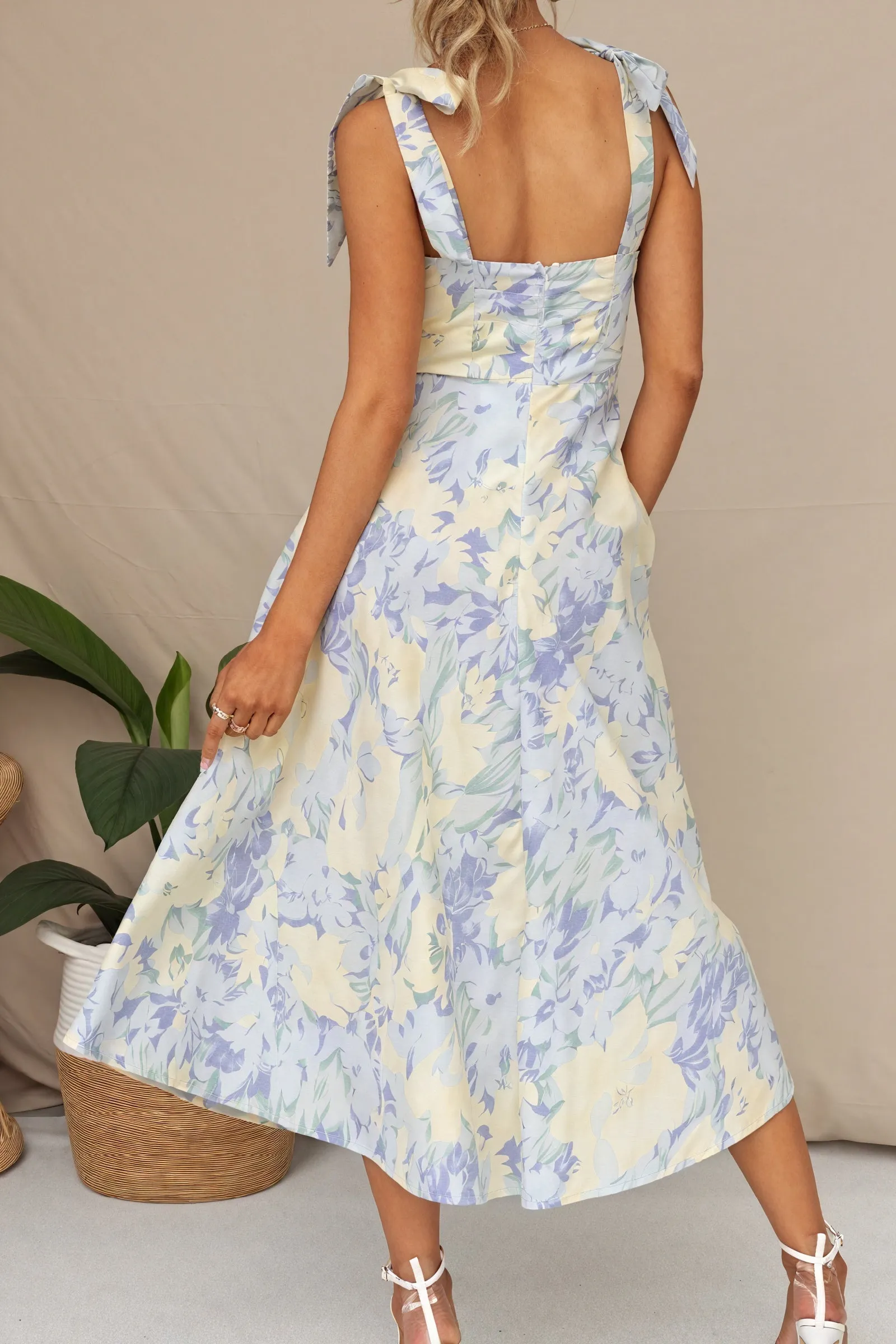 Floral Midi Dress with Tie Shoulder Straps