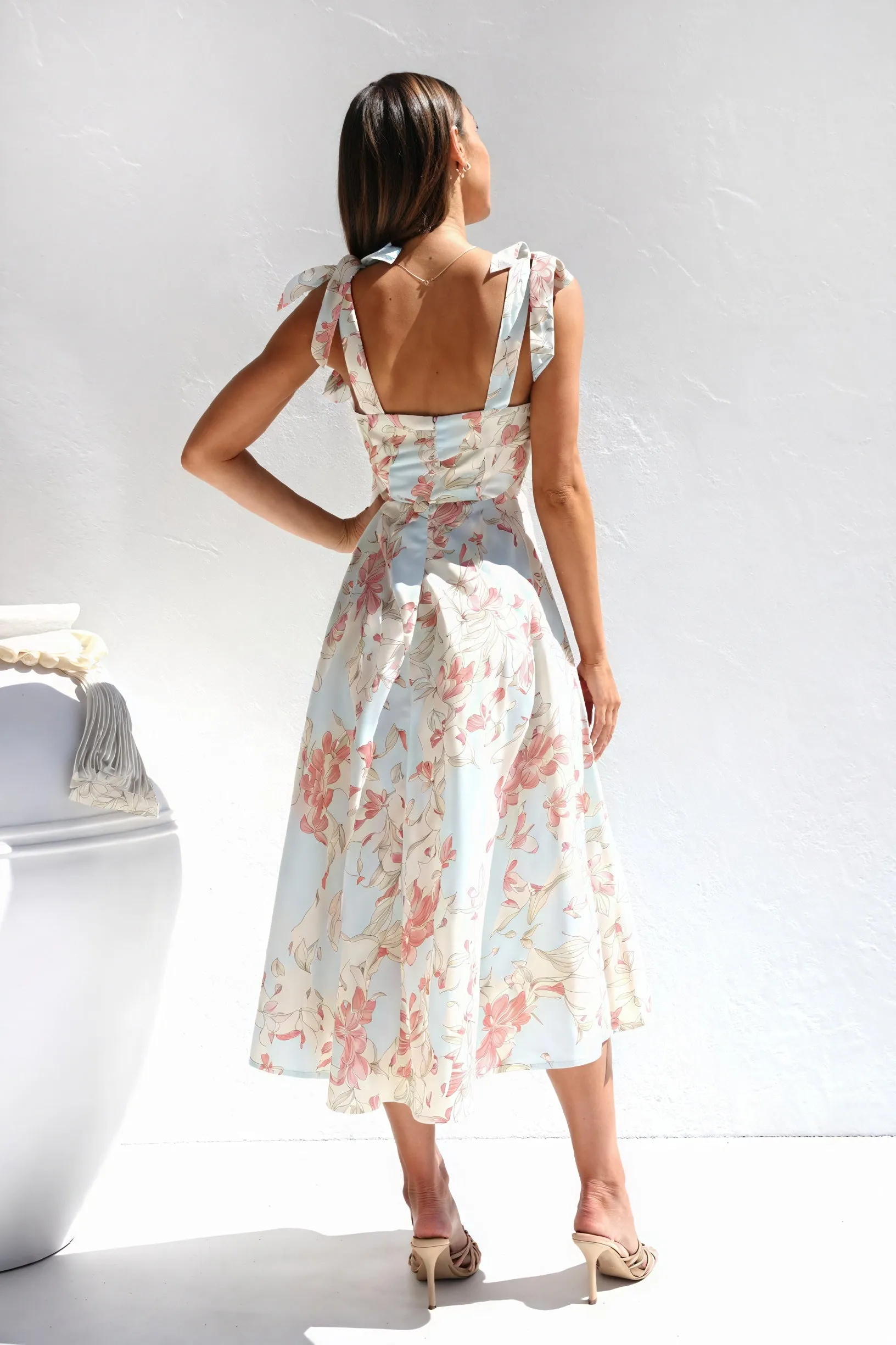 Floral Midi Dress with Tie Shoulder Straps