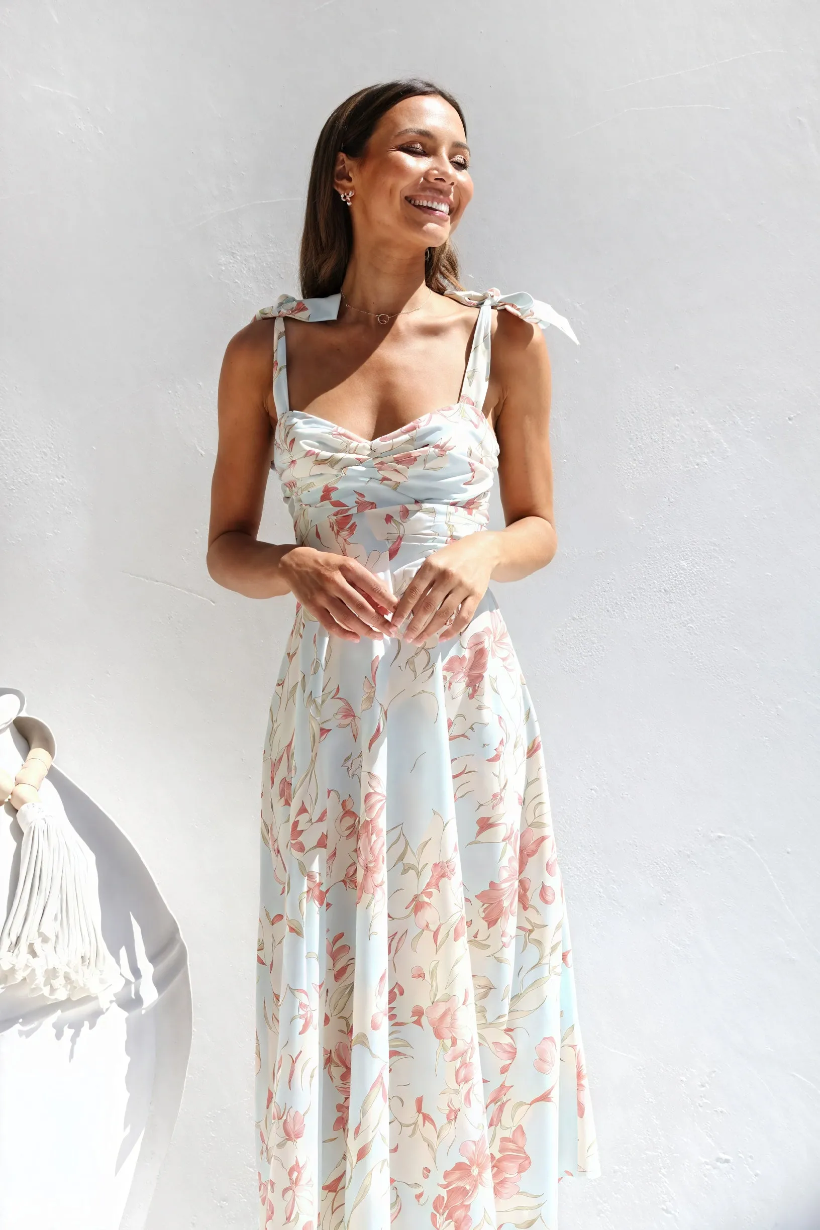 Floral Midi Dress with Tie Shoulder Straps