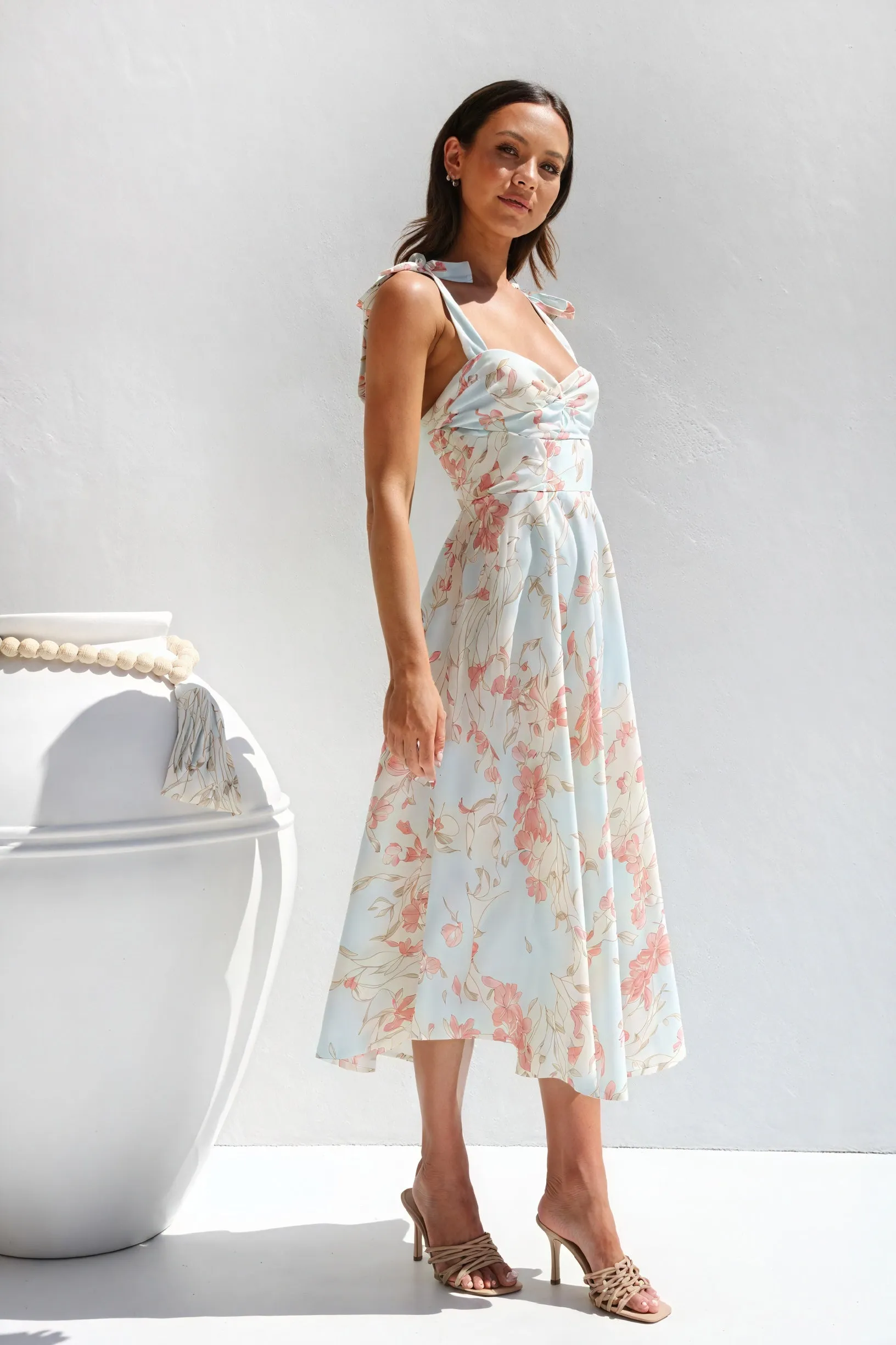 Floral Midi Dress with Tie Shoulder Straps