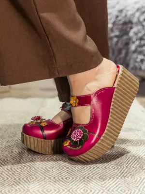 Genuine Leather Red Ribbed-Sole Floral Appliqued Clogs
