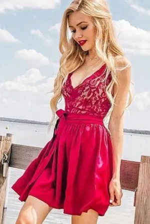 Gorgeous V Neck Red Short Homecoming Dresses with Appliques OHM019