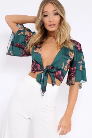 Green Floral Print Satin Tie Crop Top - Kynslee