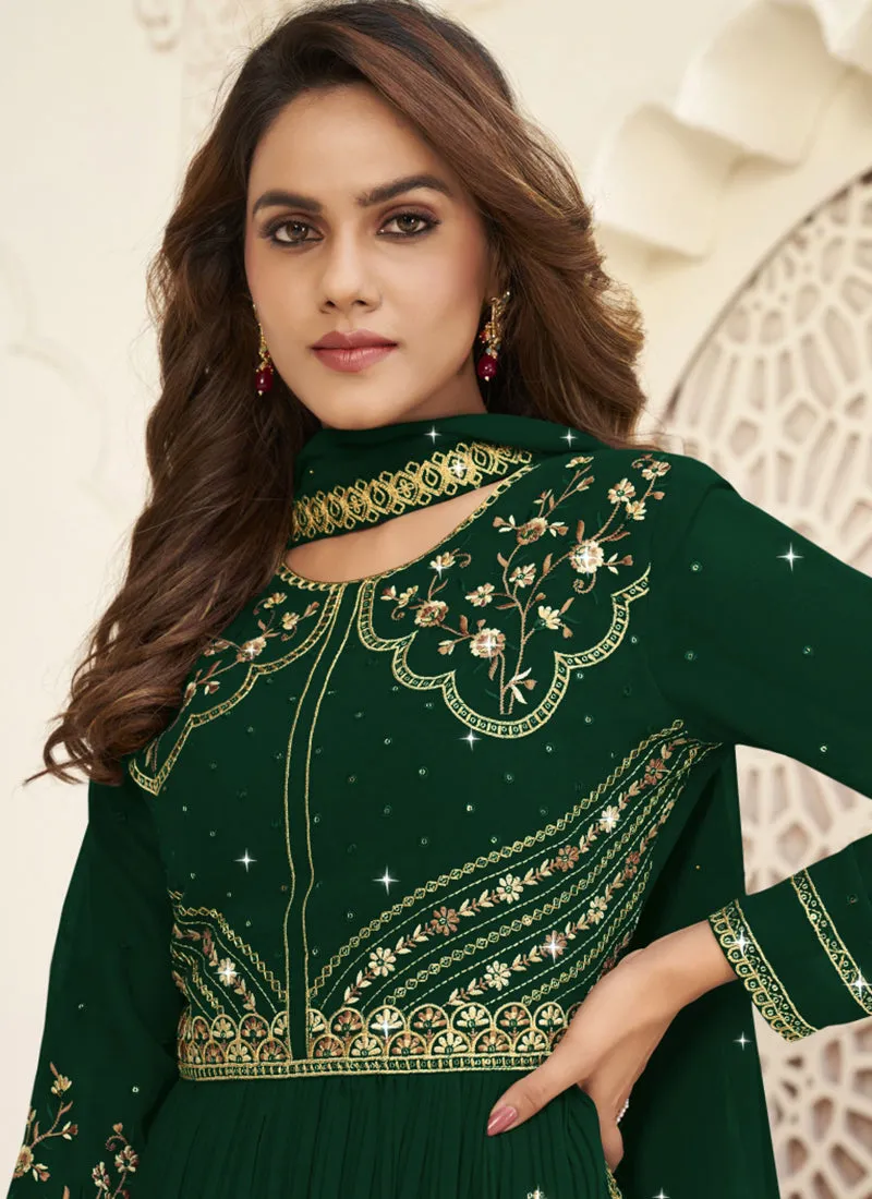 Green Sequence Embroidery Festive Palazzo Suit