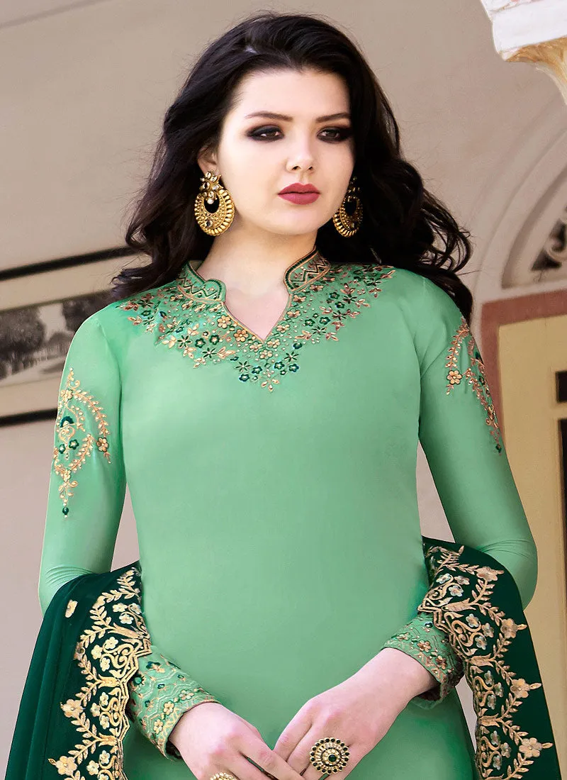 Green Two Tone Embroidered Gharara Suit