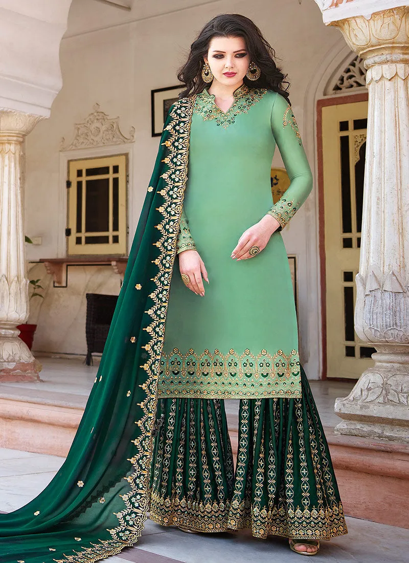 Green Two Tone Embroidered Gharara Suit