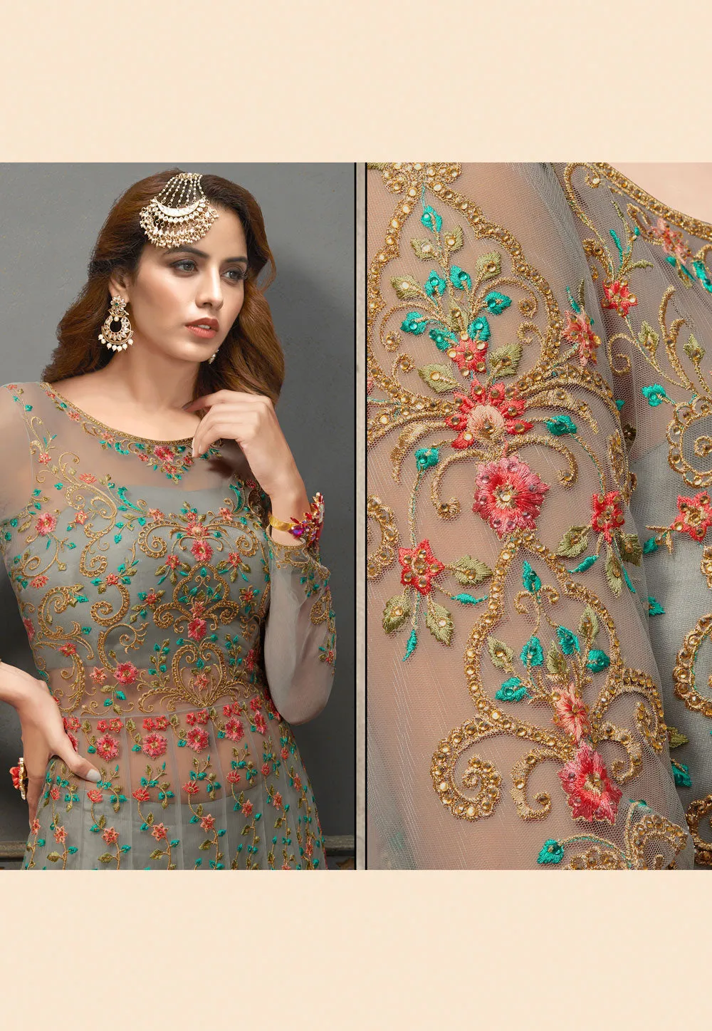 Grey Embroidered Anarkali Lehenga