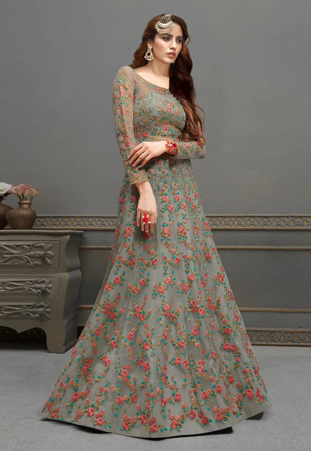 Grey Embroidered Anarkali Lehenga