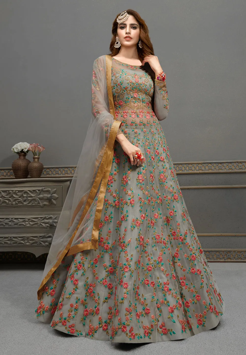 Grey Embroidered Anarkali Lehenga