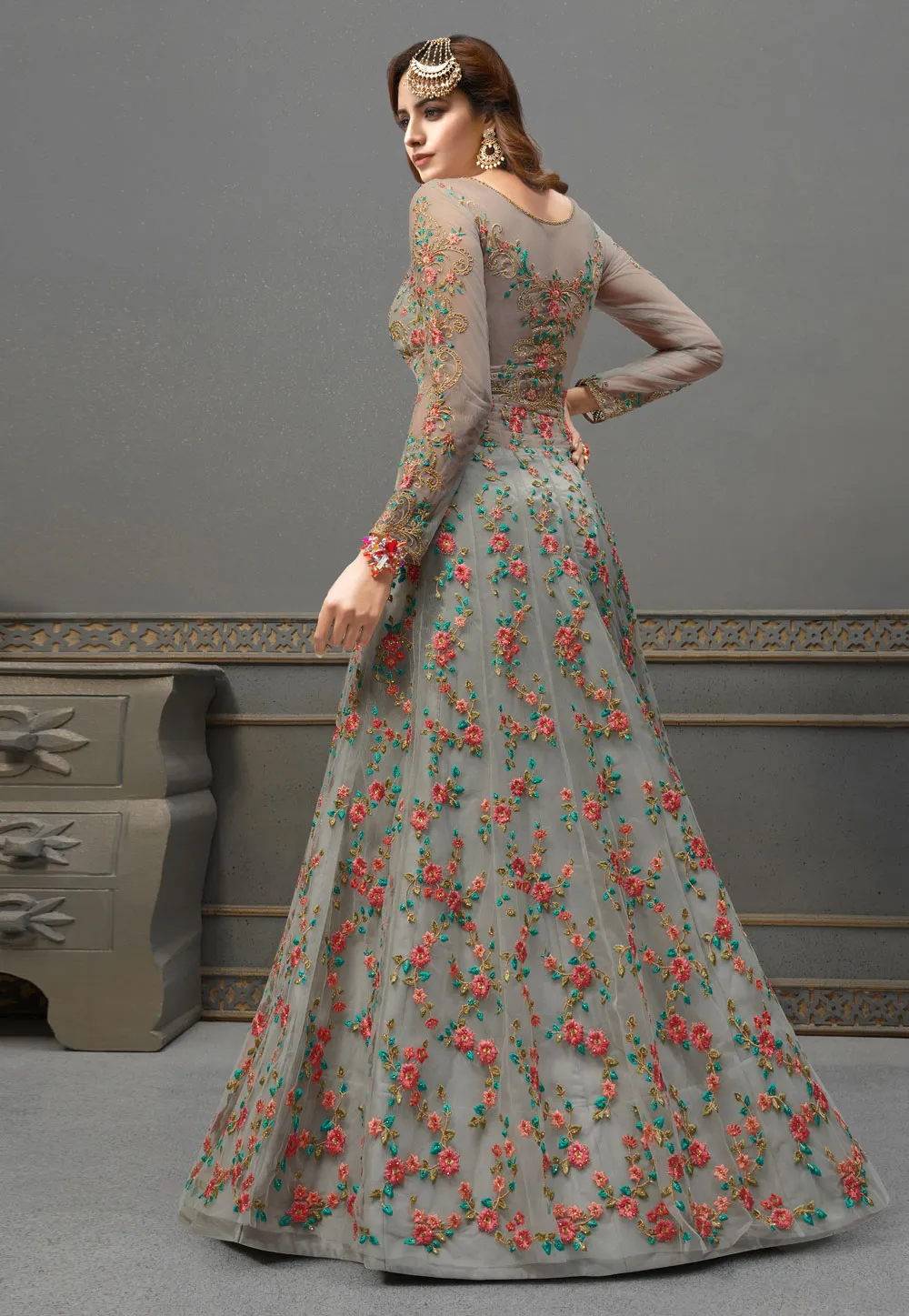 Grey Embroidered Anarkali Lehenga