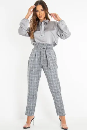 Grey Satin Tie Front Long Sleeve Blouse - Cherie
