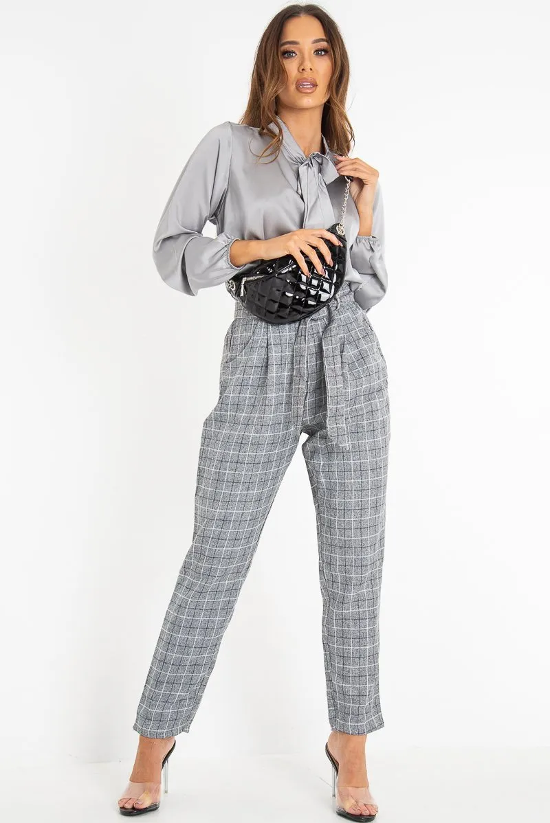 Grey Satin Tie Front Long Sleeve Blouse - Cherie