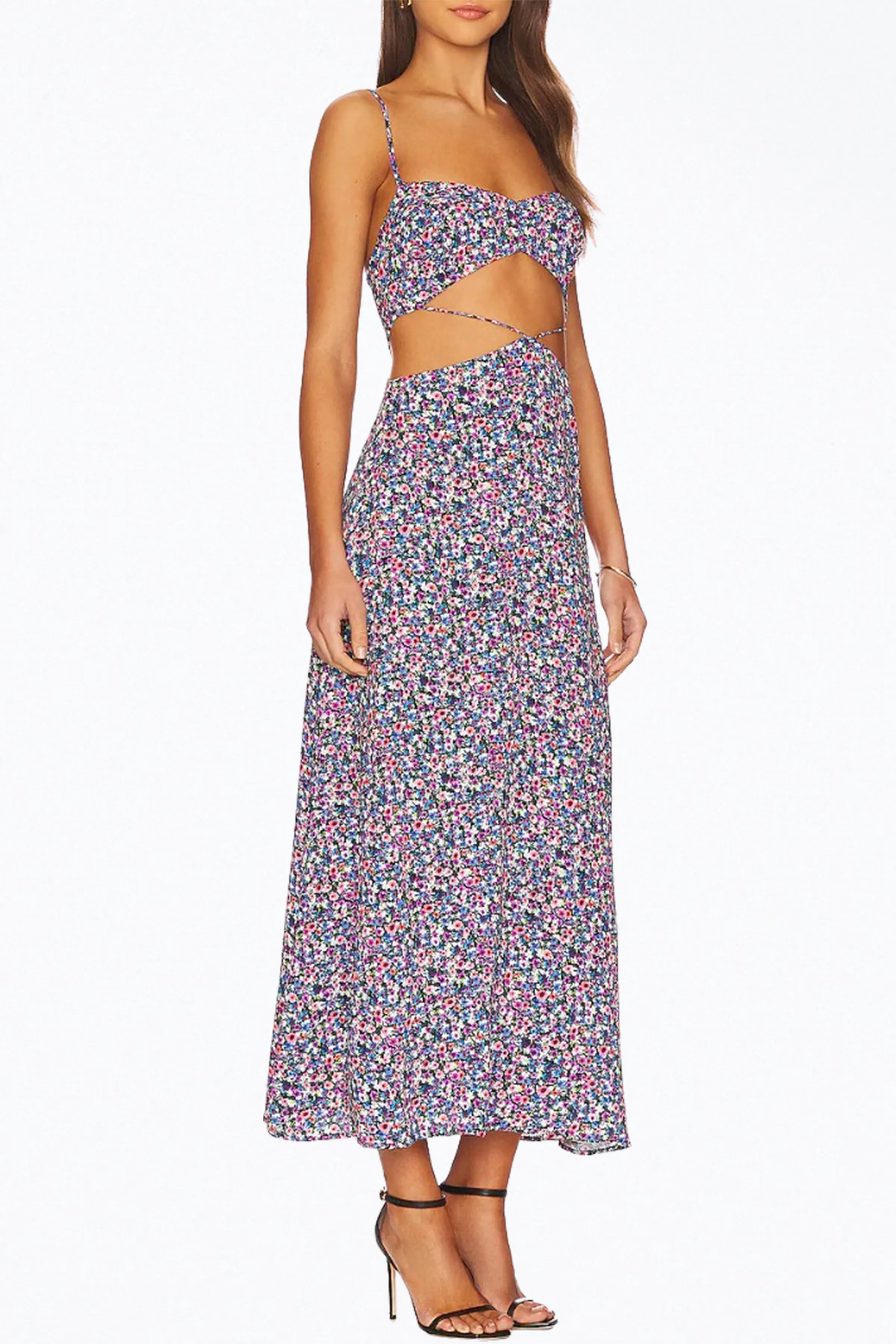 HANNA FLORAL-PRINT CUTOUT CREPE MIDI DRESS